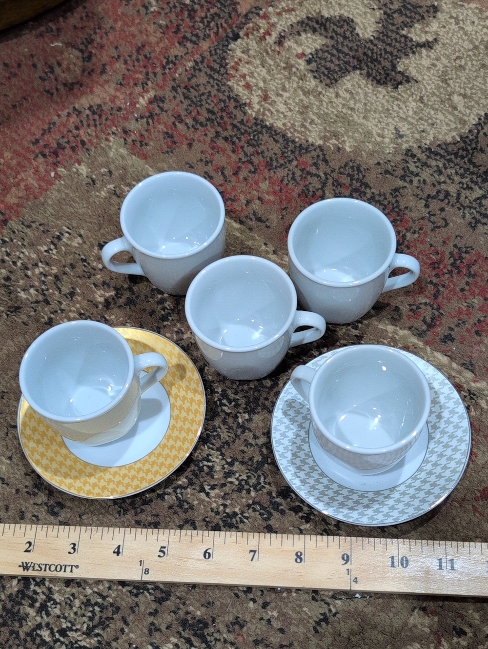 Set of 5 White Porcelain Espresso Cups with Yellow and Gray Houndstooth Saucers